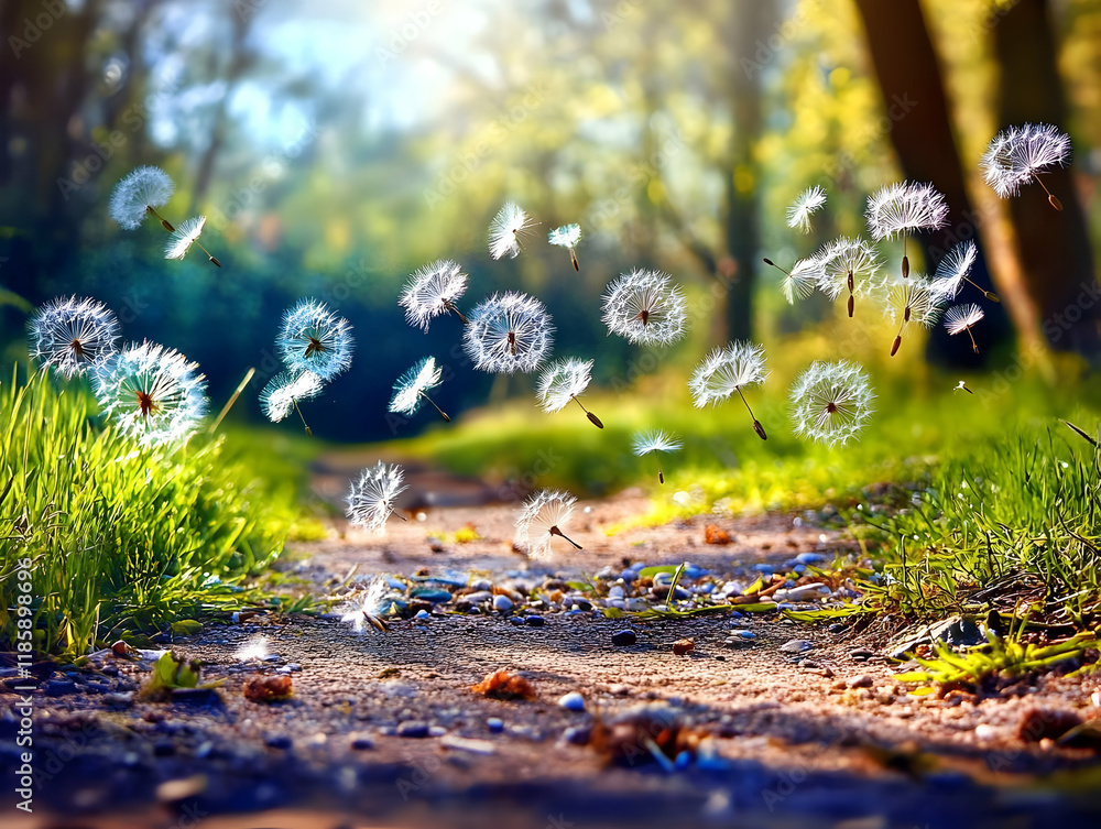 Poster dandelion seeds float on gentle breeze through sunny meadow path