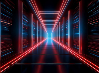Fototapeta premium A futuristic corridor glows with vibrant red and blue neon lights. The sleek, metallic walls reflect the illumination, creating a sense of depth and endless possibility within this digital realm.