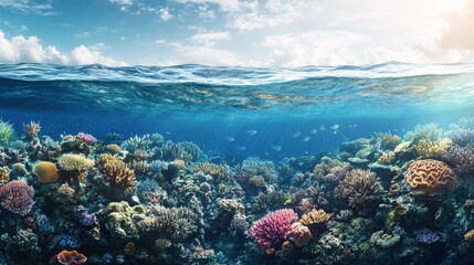 Fototapeta premium Vibrant Coral Reef Underwater Ocean Scene With Fish
