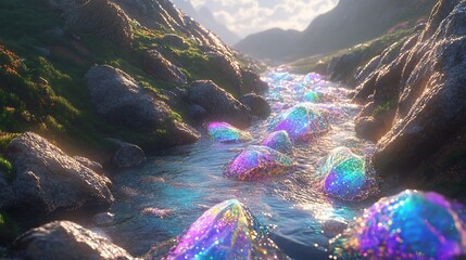 Obraz premium Enchanted Stream: A Dreamlike River of Iridescent Bubbles