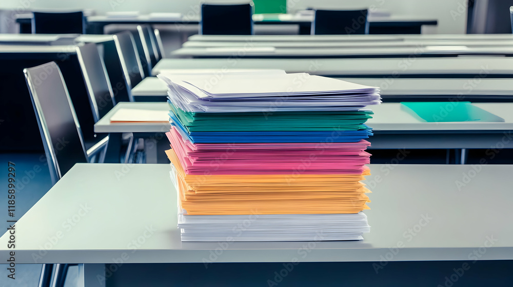 Poster colorful paper stacks sit neatly on desk in empty classroom