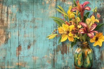 Vibrant Summer Flowers in Rustic Mason Jar