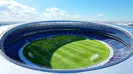Soccer Field Hosts Game Day with Lush Green Grass and Blue Seats