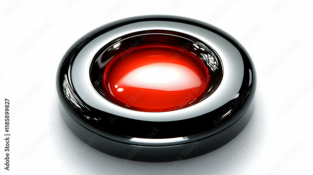 Poster red button shines brightly in a dark circle interface