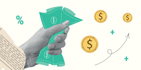 Contemporary Halftone Collage Hand for investments concept, marketing, trading. Online Stock banner with finance elements, coins, money. Vertical invest or business poster. Vector illustration.