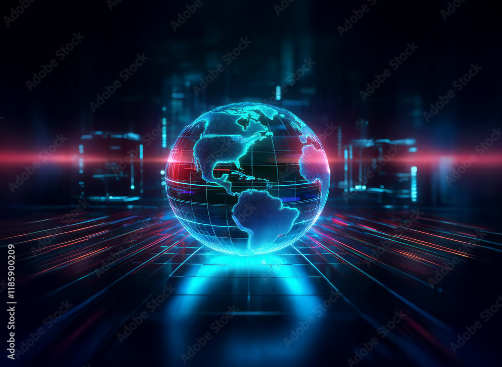 Poster a glowing digital globe sits at the center of converging streams of light and data, symbolizing glob