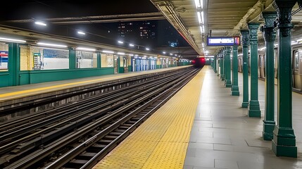 Naklejka premium Empty subway platform at night, dimly lit with soft shadows and a minimalistic composition, creating an atmosphere of solitude, urban modernity, and quiet introspection