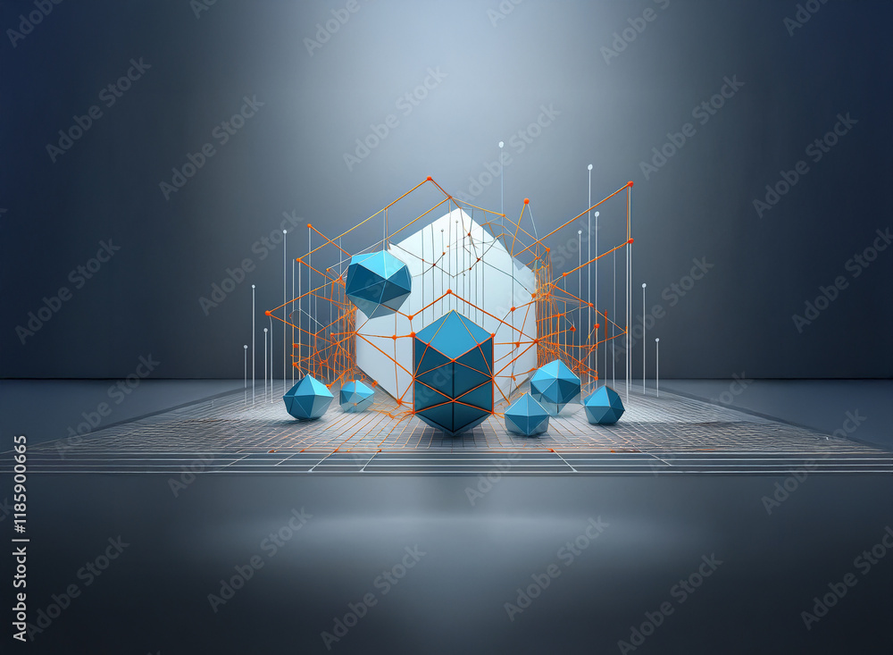 Poster geometric shapes, predominantly cubes and polygons, are interconnected by thin lines, creating a com