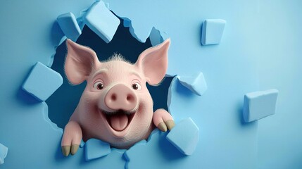 Happy Pig Breaks Through Blue Wall