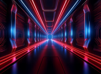 A futuristic tunnel glows with vibrant red and blue neon lights.  Reflective surfaces enhance the sense of depth and speed.  The circular end creates a powerful perspective.
