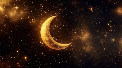 Naklejka premium Golden Crescent Moon in a Starry Night Sky