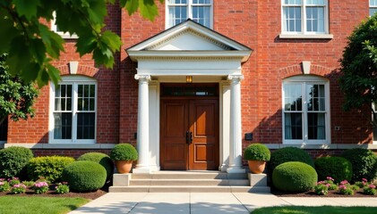 Obraz premium Brick facade with traditional school building entrance, exterior, school