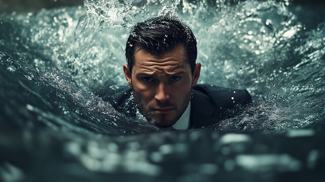 a man in a suit swimming in a pool of fake tears