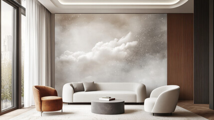 Modern Living Room with Cloud Wall Art: A contemporary living room design features a stunning cloud-inspired mural, setting a serene and tranquil ambiance.