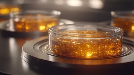 Golden Liquid in Glass Dishes on a Metal Surface