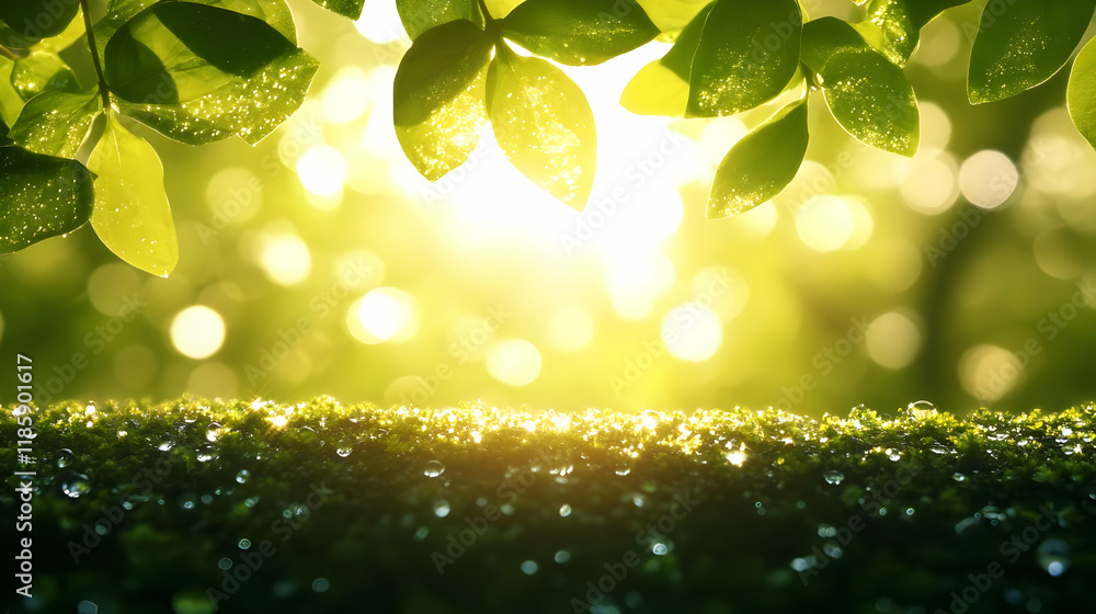 Poster sunlight filters through leaves, creating a magical forest scene