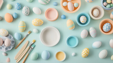 Vibrant easter crafts flat lay with painted eggs and supplies for creative projects