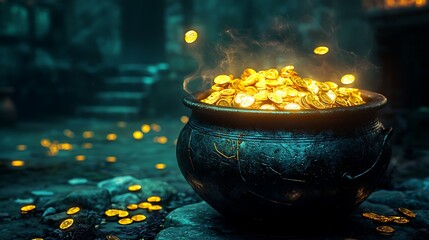 Ancient cauldron filled with glowing gold coins in a dimly lit environment