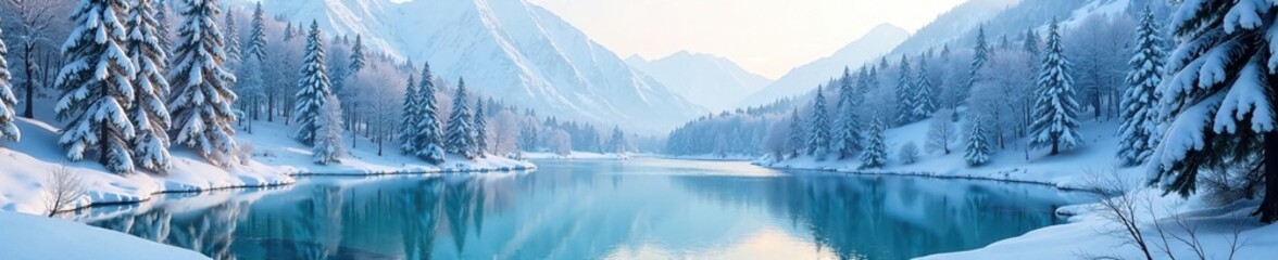 Fototapeta premium A frozen lake in the heart of the snowy forest, frosty mountains, snow-covered landscape, winter wonderland