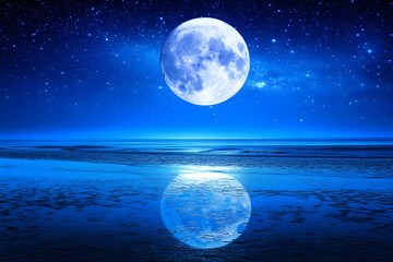 Obraz premium Moon Reflects on Calm Ocean at Night with Stars