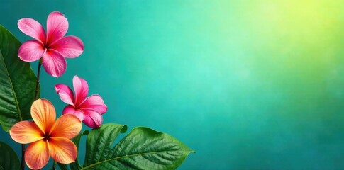 Obraz premium Colorful tropical flowers on a gradient blue and green background in shades of turquoise and lime , flowers, garden