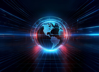 A glowing digital globe surrounded by vibrant energy lines, symbolizing global connectivity and technological advancement.  The scene is dark, emphasizing the power of technology.