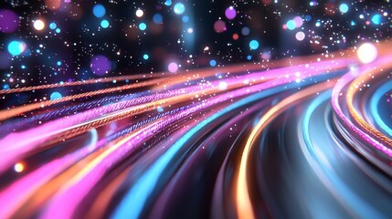 Abstract Neon Light Trails Glowing Curves Sparkling Bokeh Background