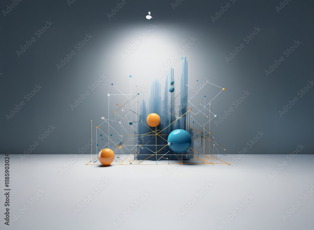 Poster abstract 3d rendering of interconnected spheres and lines, illuminated by a spotlight, resembling a 