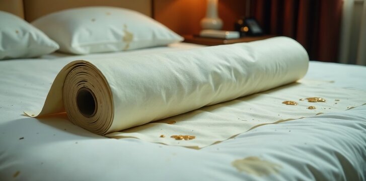 A white roll on a dirty hotel bed with stained sheets, clutter, roll