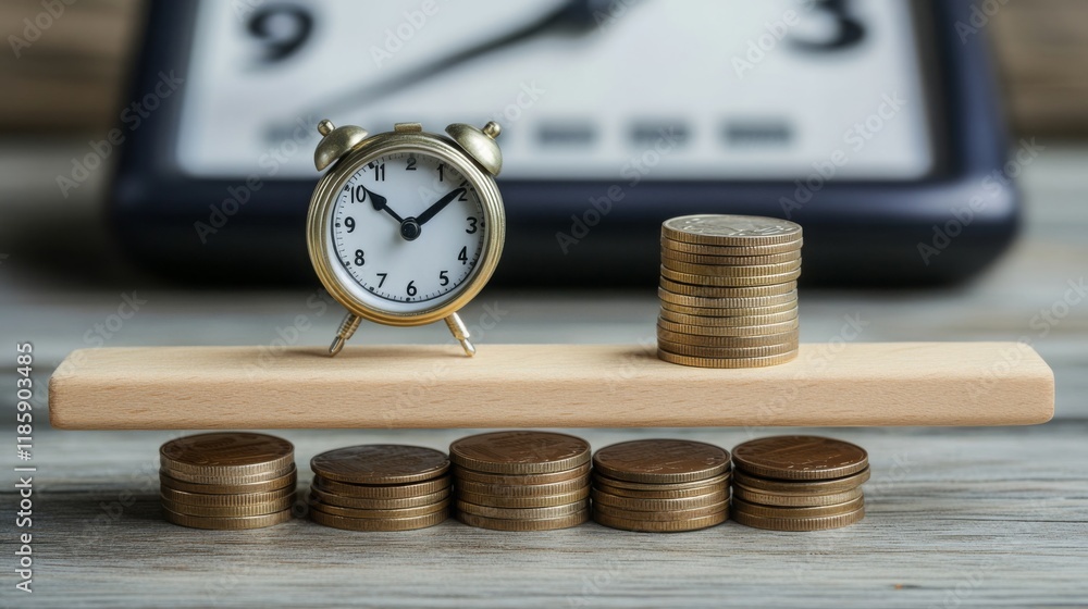 Poster A clock and stacks of coins symbolize the relationship between time and money, emphasizing the importance of managing both effectively.