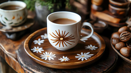 Coffee Cup Sits on Wooden Tray with Daisies Decor and Roasted Coffee Beans
