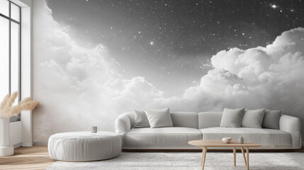 Celestial Dreamscape Wall Mural in Modern Living Room 