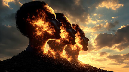 Burning Minds Unite: Embracing Passion, Fire Within at Golden Sunset