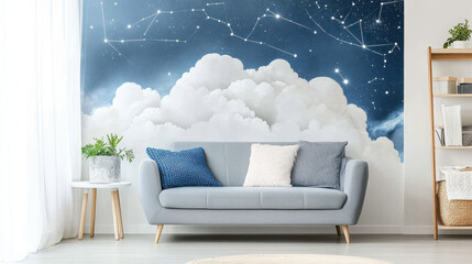Celestial Living Room: A cozy living room features a stunning wall mural depicting a majestic night sky adorned with constellations and fluffy clouds, creating a serene and dreamy atmosphere. 