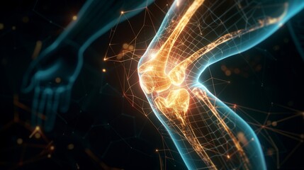 A glowing human knee joint, outlined in digital light, isolated against a dark backdrop.