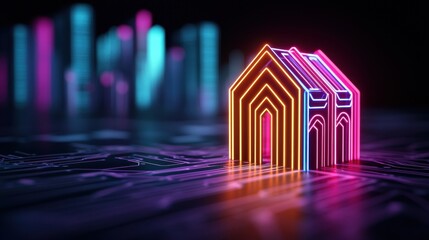 Neon Smart Home Symbol on Circuit Board Futuristic Cityscape Background