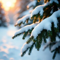 Evergreen branches swathed in snow, glowing softly under winter sun, frosty, nature's splendor