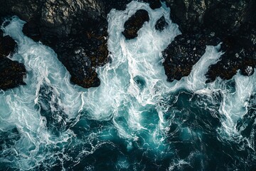 Aerial view of ocean waves crashing on dark rocks