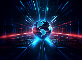 A glowing earth at the center of a futuristic, digital landscape.  Streaks of light radiate outwards, suggesting global connectivity and technological advancement.