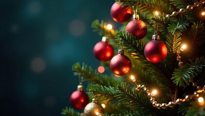 Naklejka premium Christmas tree decorated with ornaments and lights, decorations, christmas tree