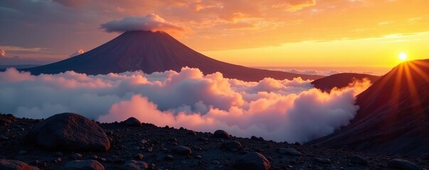 Clouds of orange and white mist spread across a volcanic landscape at sunset, white, earthy, nature
