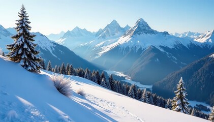 Frosty morning on the slopes of Grossarl and Unterberg with snow-capped peaks and pine trees, frozen lakes, winter sports