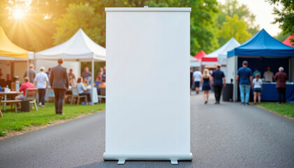 Blank pull-up banner at outdoor trade fair, showcasing versatility