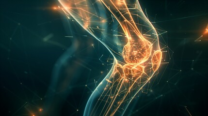 A glowing human knee joint, outlined in digital light, isolated against a dark backdrop.