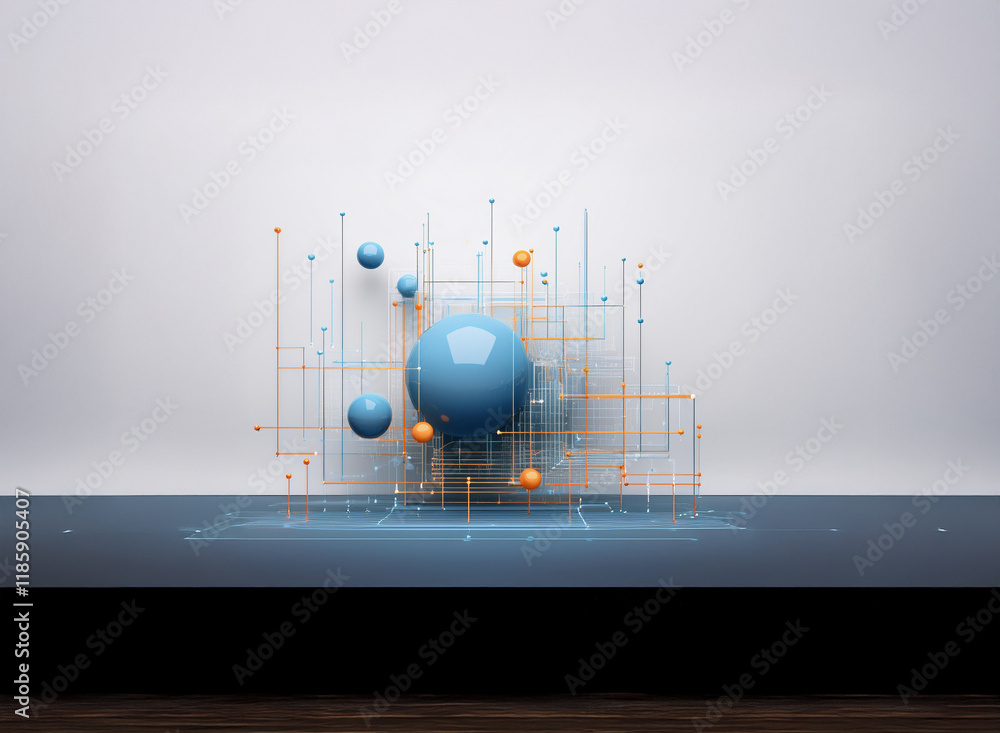 Poster abstract 3d rendering of interconnected spheres and lines against a minimalist background. the scene
