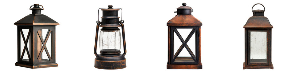 Rustic vintage lanterns and lamps in cozy cabin or cottage lighting decor  Atmospheric glowing illumination for romantic hygge or farmhouse style home interiors and exteriors  Warm natural