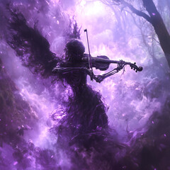 Fototapeta premium A skeletal angel with black wings plays a violin in a dark forest, surrounded by purple smoke