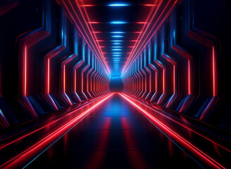 A futuristic tunnel with vibrant red and blue neon lights lining hexagonal walls, creating a reflective, symmetrical pathway leading to a distant light source.  The atmosphere is sleek, dark, and tech