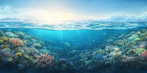 Obraz premium Vibrant Coral Reef Ecosystem Underneath Snowy Mountains