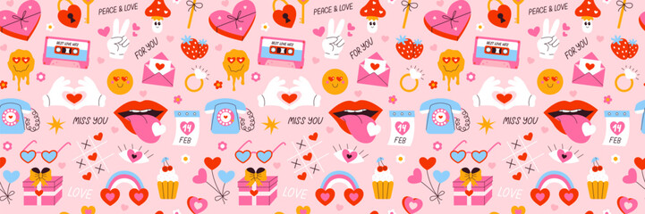 Valentines day seamless pattern. Gifts, hearts, envelopes, candy. Vector illustration in cartoon style. Perfect for stickers and greeting cards and posters